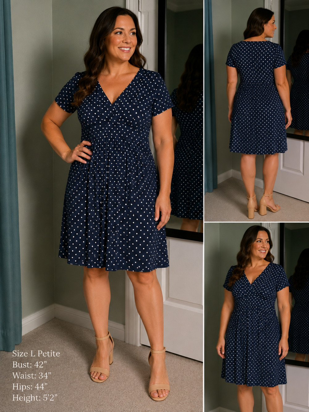 L.L.Bean L Petite Navy Polka Dot Surplice Fit Flare Knit Dress Coastal Preppy